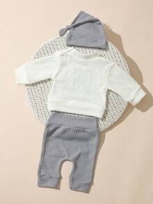 SHEIN 3pcs Baby Boy Little Brother Cute Casual Letter Graphic Ribbed Long Sleeve Top Soft Thick 2 Pieces Sets Outfit Sweat Pants Fall Clothes Autumn Winter - Multicolor - View 2