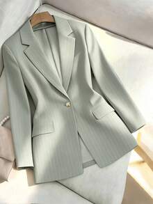 Franclia Women's Elegant Office Striped Blazer,Sage Green Autumn Single-Button Fitted Textured Fabric Jacket,Casual Commute Versatile Spring Khaki Outwear - Green - View 3