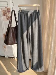 Comfortcana Plus Size Solid Color Button Closure Casual Wide Leg Pants With Belt In Fall/Winter - Black and White - View 6