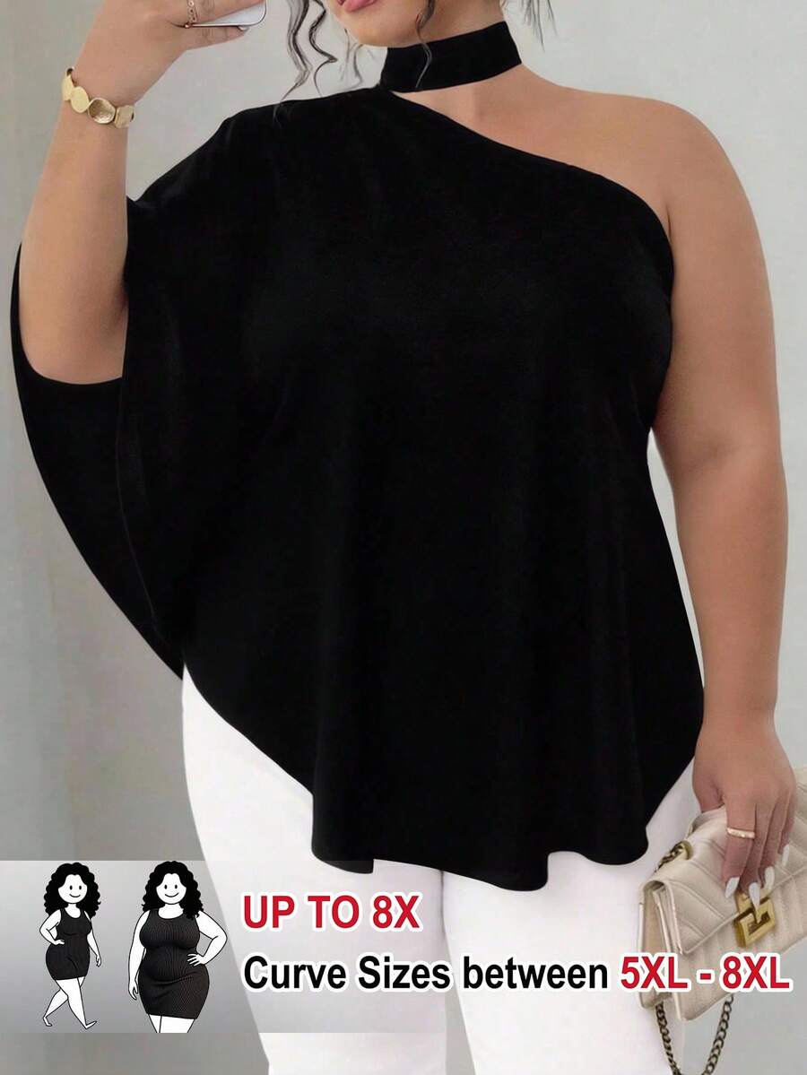 SHEIN CURVE+ 大码优雅纯色不对称领衬衫,夏季 - 黑色 - 查看 1