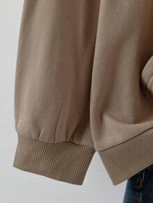 SHEIN CURVE+ Plus Size Minimalist Versatile Letter Embroidered Long Sleeve Pocket Sweatshirt - Brown - View 3