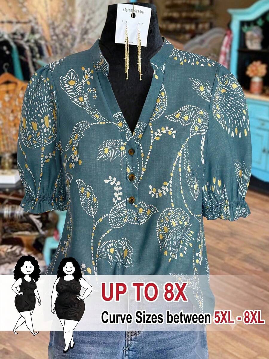 SHEIN CURVE+ 女款大尺碼彩色花卉波點印花仿亞麻紋理面料V領鈕扣裝飾泡泡袖彈性袖口日常外出通勤休閒時尚優雅精緻百搭高端Ins風田園鄉村慵懶浪漫約會法式街頭復古海灘度假春夏新款藍色泡泡短袖襯衫、藍色短袖襯衫、復古V領花卉印花襯衫、海灘度假穿搭襯衫 - 彩色 - 查看 1