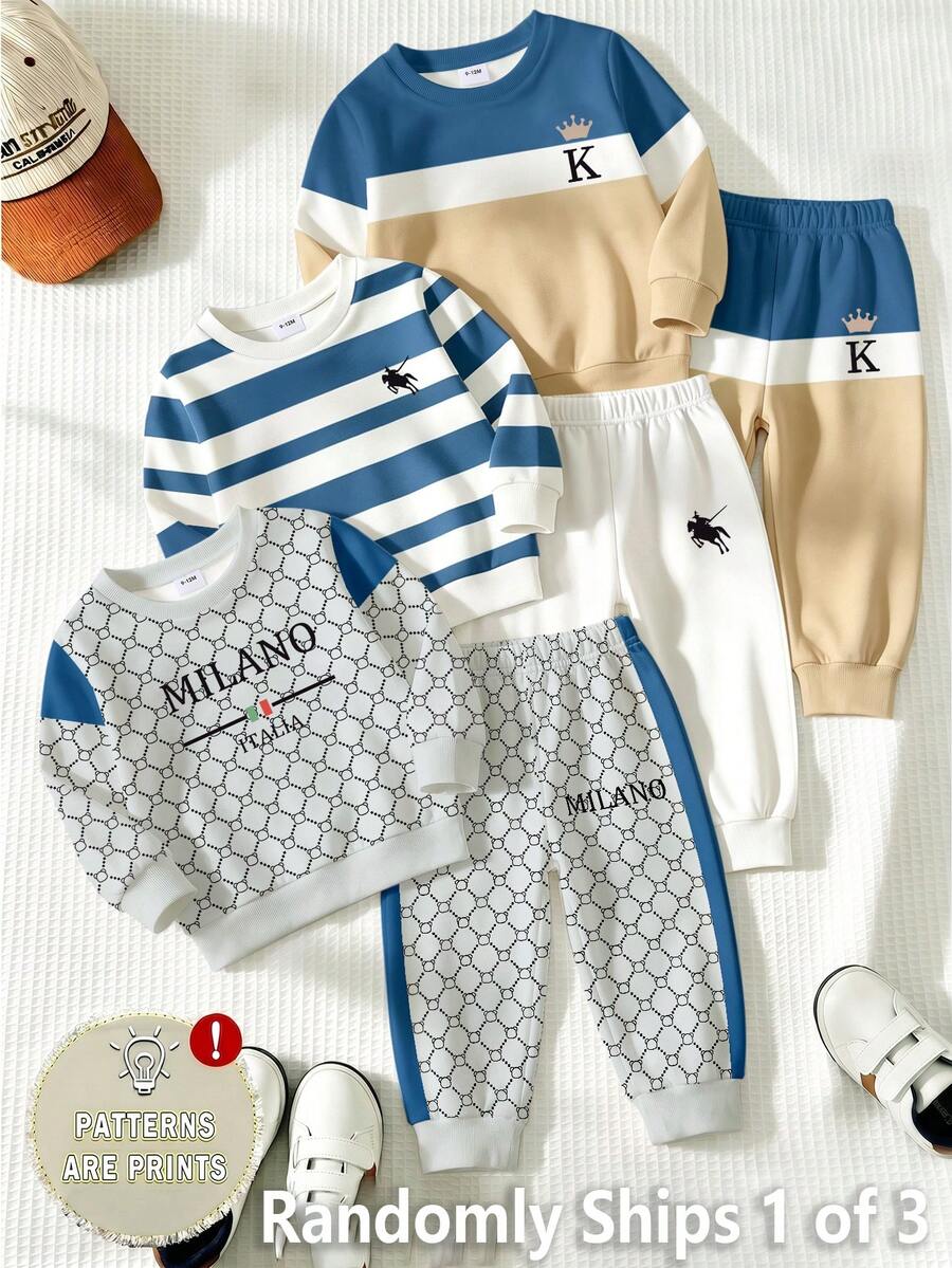 SHEIN Randomly Ships 1 Of 3 Casual Elegant Letter Pattern Colorblock Print Crew Neck Long Sleeve Ribbed Sweatshirt With Matching Pattern - Multicolor - View 1