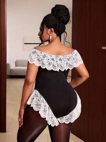 Maweii Bodysuit Seksi Elegan Model Off-Shoulder dengan Patchwork Renda Ukuran Plus untuk Kencan Malam Bersama Teman Wanita, Warna Hitam, Musim Panas - Hitam dan Putih - View 6