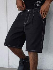 Manfinity Roghcode Celana Pendek Denim Kasual Pria - Hitam - View 4