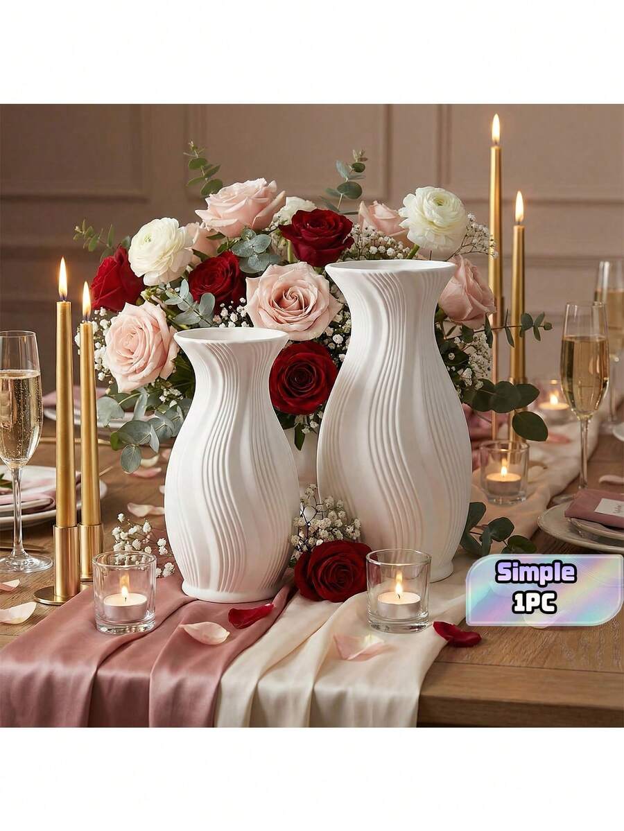 1 Pc Modern Minimalist White Plastic Vase, Minimalist Wavy Textured Decor Container, Nordic Art Geometric Planter Suitable For Pampas Grass, Home Office Living Room Tabletop Shelf Decoration - 1PC - View 1