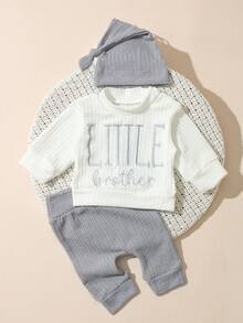 SHEIN 3pcs Baby Boy Little Brother Cute Casual Letter Graphic Ribbed Long Sleeve Top Soft Thick 2 Pieces Sets Outfit Sweat Pants Fall Clothes Autumn Winter - Multicolor - View 7