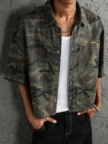Manfinity EMRG 男士街頭風休閒刺繡寬鬆迷彩牛仔短袖襯衫 - 軍綠色 - 查看 4