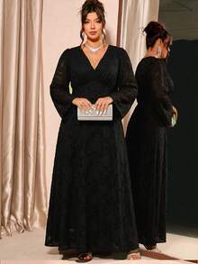 SHEIN Plus Size Women's V-Neck Flared Sleeve Cinched Waist Elegant Dress - Black - View 3