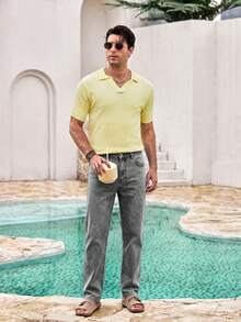 Mercer Haus Men's Casual Loose Straight Leg Jeans With Pockets - Light Grey - View 3