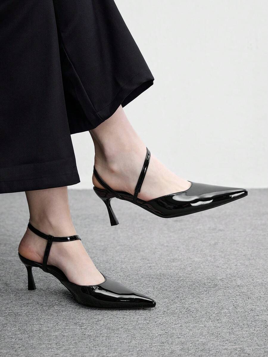 CUCCOO BIZCHIC Women's Double-Strap Cross-Patent Leather Rear Strap Sandals, Pointed Stiletto Shoes, Minimalist Black Glossy Commuter High Heels - Polar Night Black - View 1