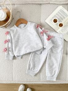 SHEIN Playful Pals 2pcs Baby Girl Cute Y2K Pink Bow Knot Long Sleeve Soft Thick Hoodies Sweatpants 2 Pieces Sets Clothes Back To School Fall Squishy Tops - Light Grey - View 1