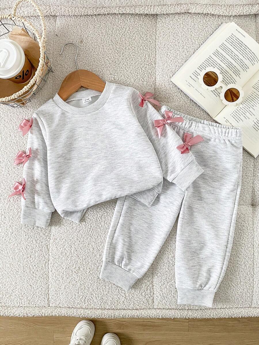 SHEIN Playful Pals 2pcs Baby Girl Cute Y2K Pink Bow Knot Long Sleeve Soft Thick Hoodies Sweatpants 2 Pieces Sets Clothes Back To School Fall Squishy Tops - Light Grey - View 1