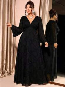 SHEIN Plus Size Women's V-Neck Flared Sleeve Cinched Waist Elegant Dress - Black - View 1