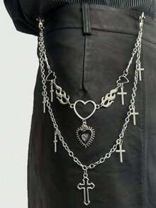 MortiRose 1pc Gothic Double Layer Heart Eye Cross Pendant Pants Chain, Vintage Silver Punk Streetwear Waist Chain - Multicolor - View 11