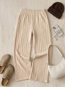 Comfortcana Plus Size Casual Versatile Solid Color Textured Long Pants - Cream - View 2