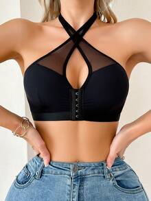 SHEIN Sujetador de cuello halter de unicolor con corte delantero y empalme de malla para mujer - Negro - Ver 4