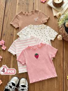 SHEIN 4件組少女3D草莓貼布、蝴蝶結刺繡與波點印花，粉色與白色條紋針織荷葉邊T恤，百搭套頭上衣，適合日常穿著 - 彩色 - 查看 1
