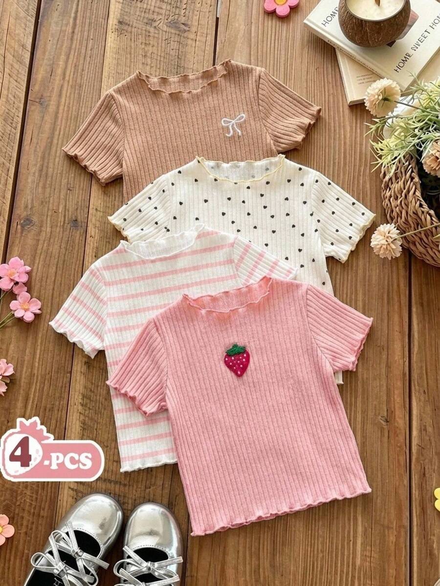 SHEIN 4件組少女3D草莓貼布、蝴蝶結刺繡與波點印花,粉色與白色條紋針織荷葉邊T恤,百搭套頭上衣,適合日常穿著 - 彩色 - 查看 1