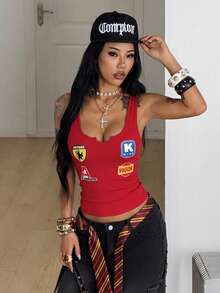 Coolane 女款字母印花百褶修身百搭休閒日常上衣 - 紅色 - 查看 5