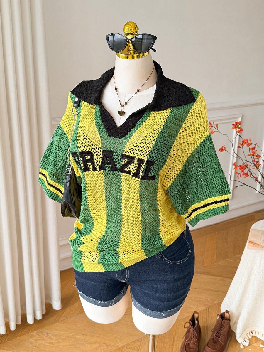 Comfortcana Plus Size Women Letter Pattern Colorblock Casual Daily Knit Top Fall - Multicolor - View 1