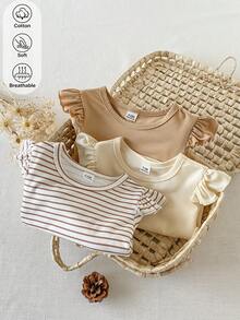 SHEIN 3件組女嬰春秋長袖荷葉邊上衣，可愛簡約休閒百搭款，適合室內、戶外、購物等場合 - 彩色 - 查看 5