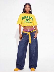 Gowayae Gowayae Women's American Vintage Brazil Letter Print Yellow Ruched Waist Short Sleeve T-Shirt - Yellow - View 5