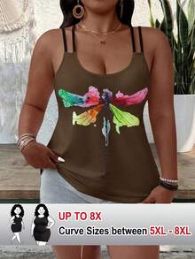 SHEIN CURVE+ 大尺碼女款度假休閒傳統配色拼接蜻蜓印花背心上衣 正式棕色夏季婚禮賓客穿搭 - 棕色 - 查看 1
