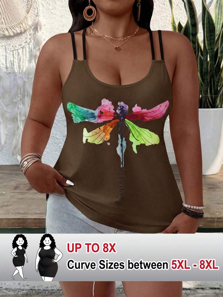 SHEIN CURVE+ 大尺碼女款度假休閒傳統配色拼接蜻蜓印花背心上衣 正式棕色夏季婚禮賓客穿搭 - 棕色 - 查看 1