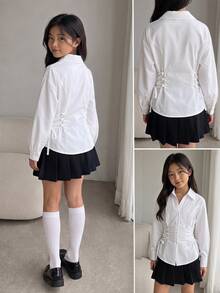 SHEIN 青少年女孩優雅長袖前綁帶白色襯衫，簡約百搭，適合通勤，優雅前綁帶上衣 - 白色 - 查看 16