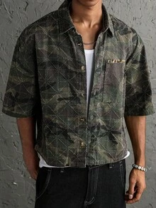 Manfinity EMRG 男士街頭風休閒刺繡寬鬆迷彩牛仔短袖襯衫 - 軍綠色 - 查看 5