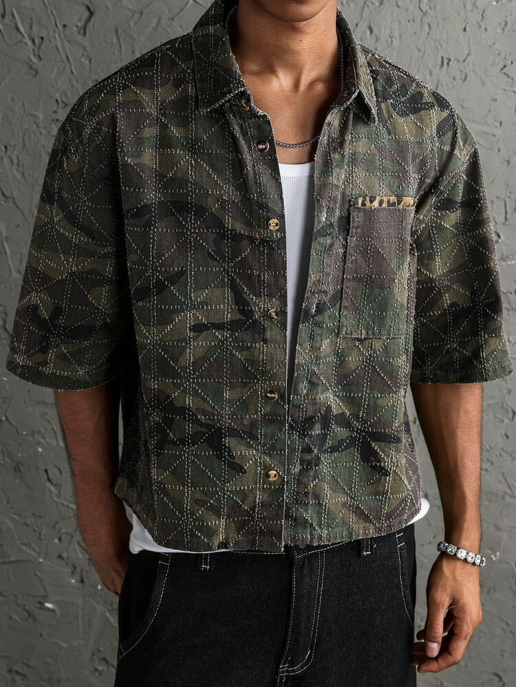 Manfinity EMRG Men's Streetwear Casual Embroidered Loose Camouflage Denim Short Sleeve Shirt - Army Green - View 5