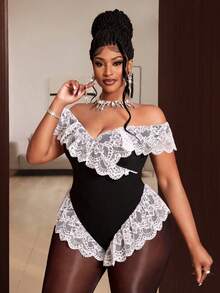 Maweii Bodysuit Seksi Elegan Model Off-Shoulder dengan Patchwork Renda Ukuran Plus untuk Kencan Malam Bersama Teman Wanita, Warna Hitam, Musim Panas - Hitam dan Putih - View 1