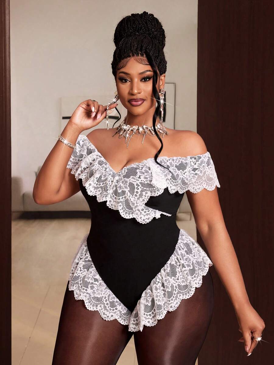 Maweii Bodysuit Seksi Elegan Model Off-Shoulder dengan Patchwork Renda Ukuran Plus untuk Kencan Malam Bersama Teman Wanita, Warna Hitam, Musim Panas - Hitam dan Putih - View 1
