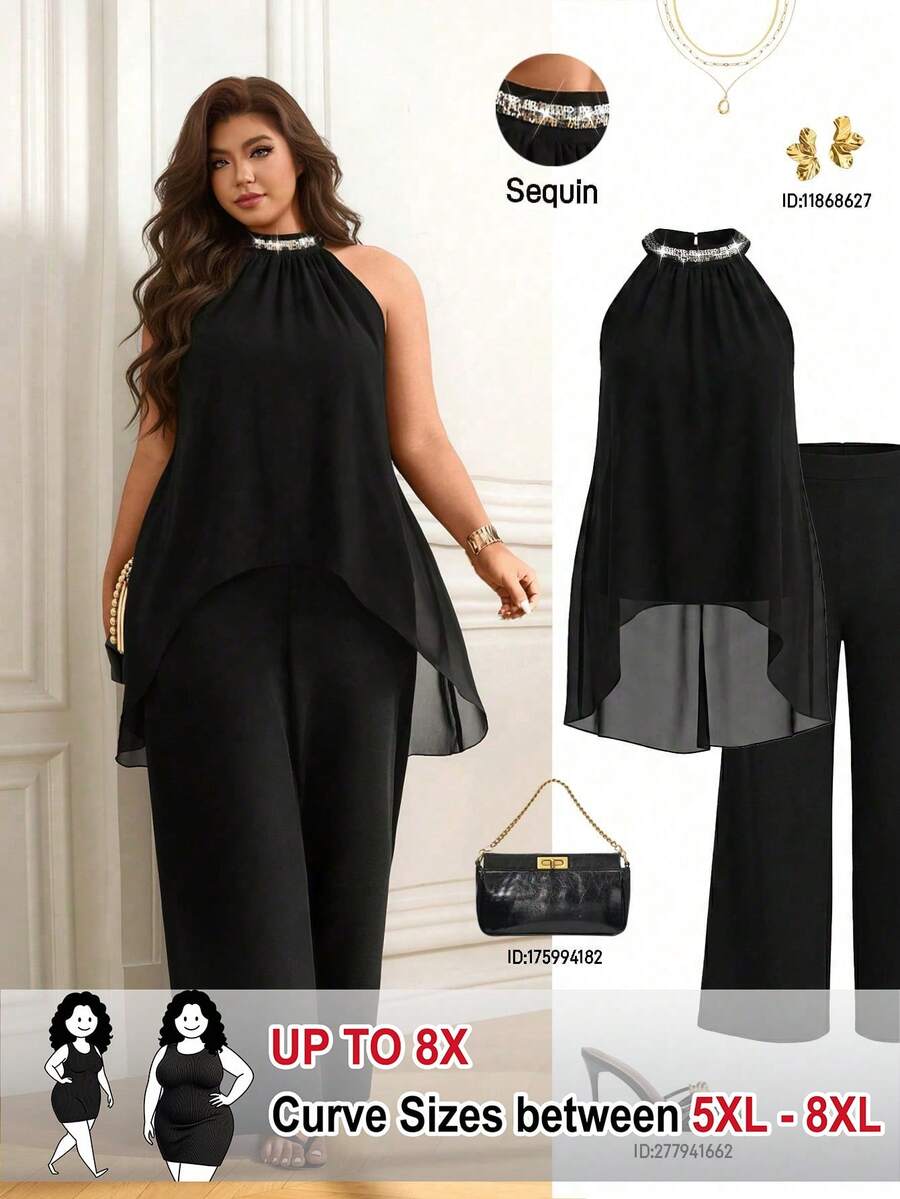 SHEIN CURVE+ 大码女式褶皱露背亮片拼接两件套，宽松高腰阔腿裤套装 - 黑色 - 查看 1