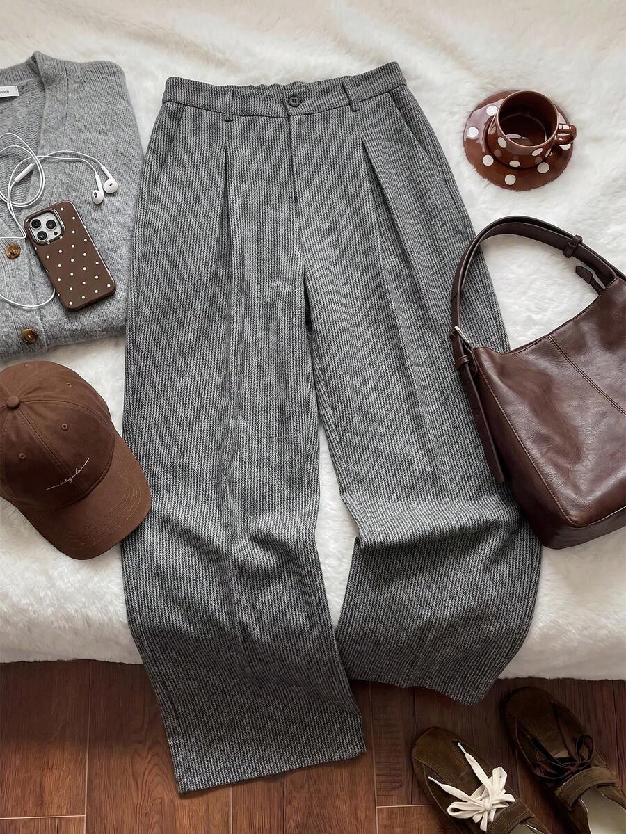 Comfortcana Plus Size Solid Color Button Closure Casual Wide Leg Pants With Belt In Fall/Winter - Black and White - View 1