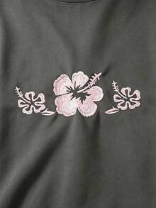 青少年女孩休閒時尚可愛粉色花卉刺繡套頭運動衫 - 灰色 - 查看 6