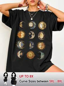 SHEIN CURVE+ Plus Size Women Casual Star, Moon And Sun Print Loose Fit Mid-Length Short Sleeve Round Neck T-Shirt - Black - View 1