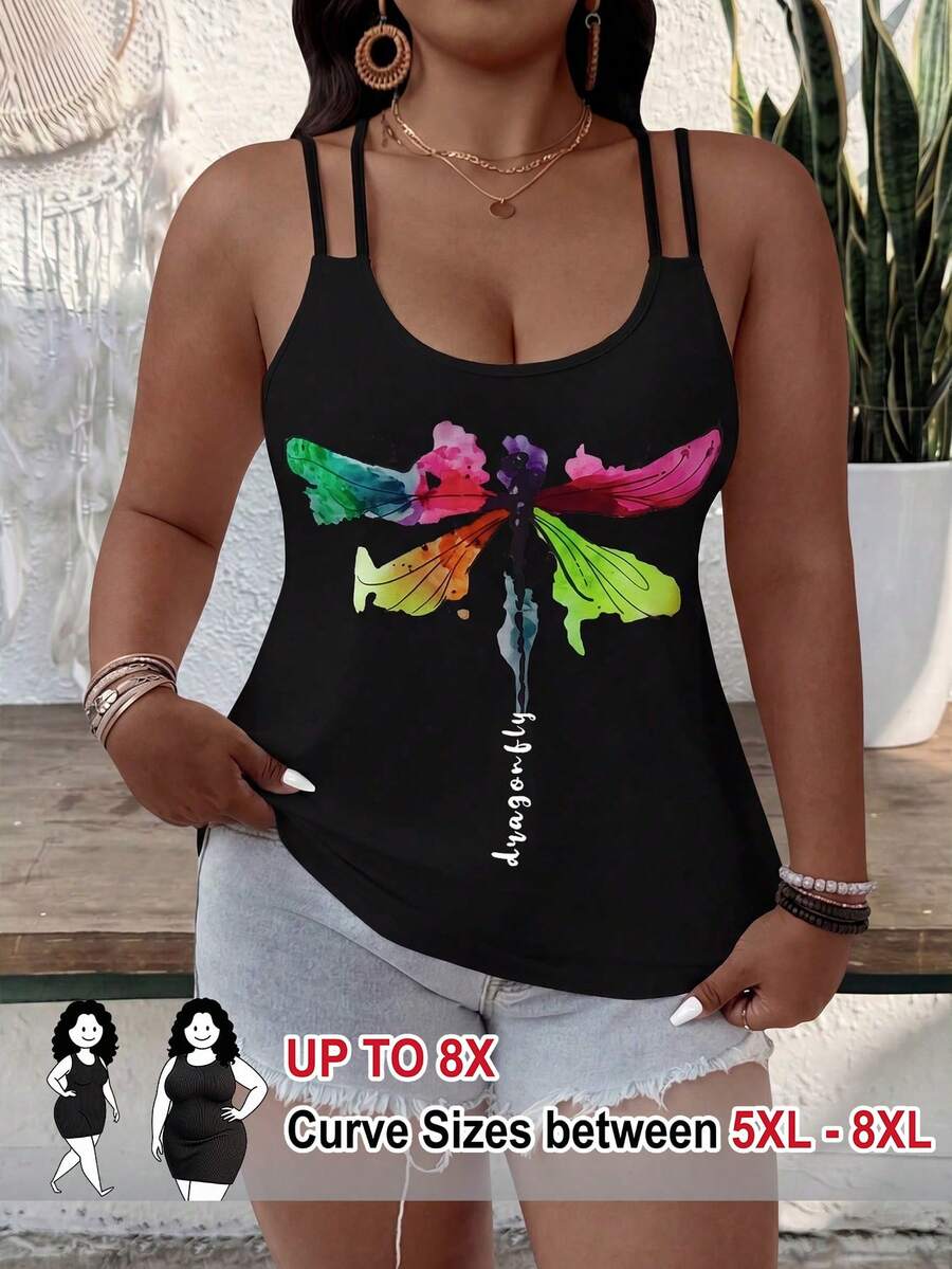 SHEIN CURVE+ 大尺碼女款休閒印花撞色背心,正式度假風,黑色夏季款 - 黑色 - 查看 1