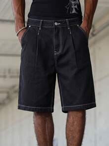 Manfinity Roghcode Celana Pendek Denim Kasual Pria - Hitam - View 3