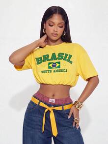 Gowayae Gowayae Women's American Vintage Brazil Letter Print Yellow Ruched Waist Short Sleeve T-Shirt - Yellow - View 2