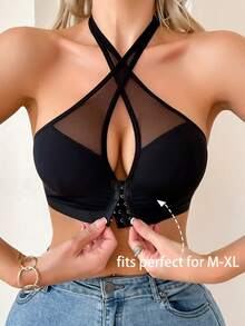 SHEIN Sujetador de cuello halter de unicolor con corte delantero y empalme de malla para mujer - Negro - Ver 1