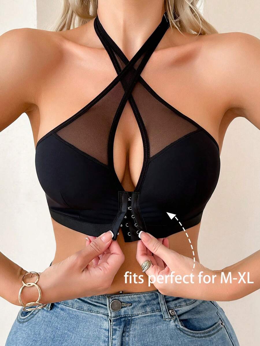 SHEIN Sujetador de cuello halter de unicolor con corte delantero y empalme de malla para mujer - Negro - Ver 1
