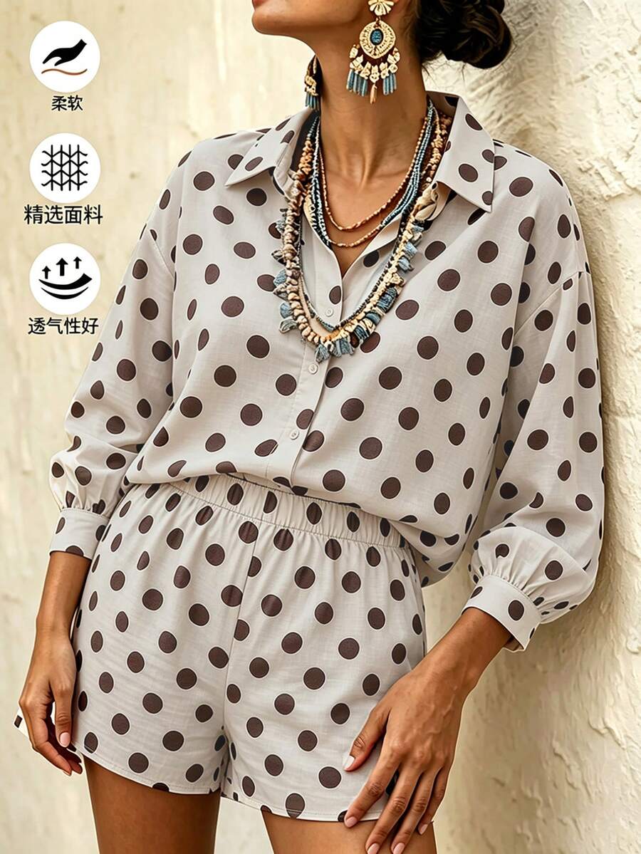 SHEIN LUNE CURVE 大尺碼女款圓點印花休閒度假長袖上衣與短褲兩件組 - 杏色 - 查看 1