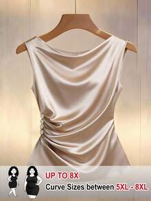 SHEIN CURVE+ Regalyn-D 大码女士缎面圆领无袖侧扣背心，时尚简约，适合居家、日常通勤和购物穿着。 - 香檳色 - 查看 1