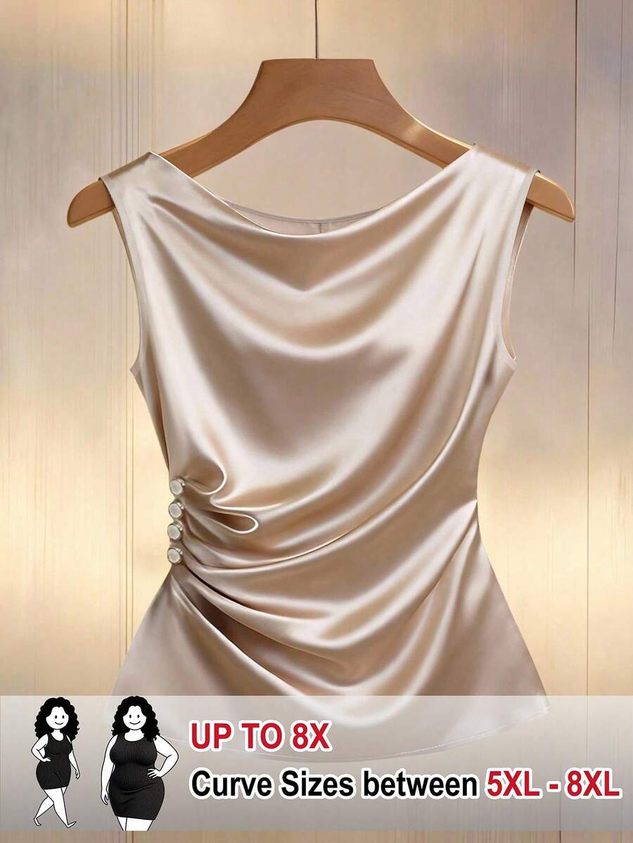 SHEIN CURVE+ Regalyn-D 大码女士缎面圆领无袖侧扣背心,时尚简约,适合居家、日常通勤和购物穿着。 - 香檳色 - 查看 1