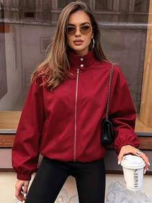 Avenya Hoodie Windbreaker Minimalis Kasual Kerah Tegak Resleting Logam Warna Polos Merah Tua untuk Kerja Sehari-hari Musim Gugur/Dingin - Burgundy - View 2
