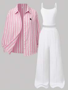 Genkimix Kids Teen Girls 3-Piece Set: Gentle & Fresh Spring/Summer Peach Pink & Blue Striped Pony Print Lightweight Shirt, All-Match Versatile Camisole, And Solid Color Straight Wide Leg Long Pants - Pink - View 7