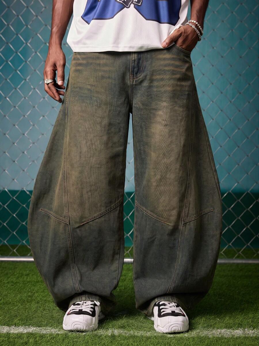 EVRINFINITE 1件男士做旧复古水洗宽松拼接直筒牛仔裤(不含腰带和配饰) - 銅色 - 查看 1