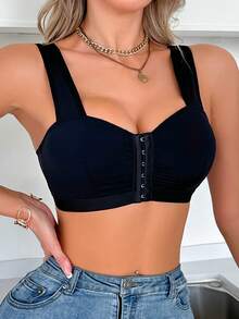 SHEIN Elacene 女士纯色简约休闲褶皱前扣宽肩带文胸 - 黑色 - 查看 5